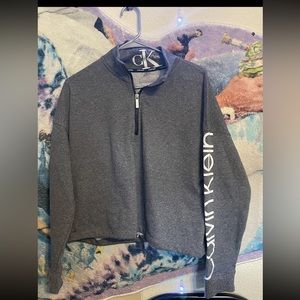 Calvin Klein Grey Cropped Hoodie LARGE L Sweatshirt Drawstring